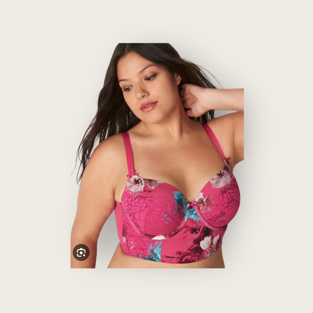 Cacique Longline Lightly Lined Balconette Bra 46DDD Pink Floral Fantasy